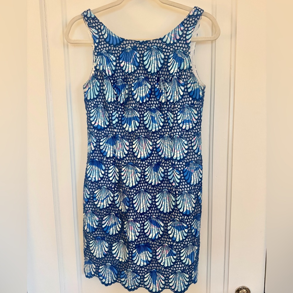 Lilly Pulitzer Shell Lace Shift Dress Size 0 Blue Scallop Hem